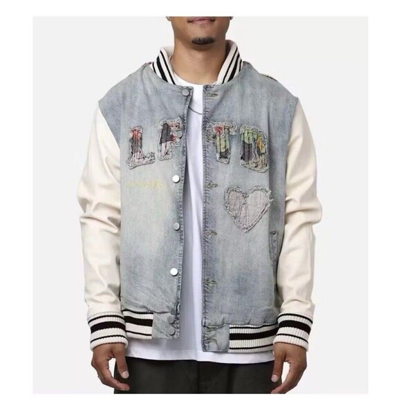 RARE Lifted Anchors MARTINA BORO DENIM VARSITY JACKET Men’s Small Msrp $215